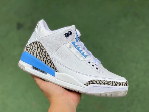 Air Jordan 3 "UNC" White Blue Cracked Leather Cut Piece Version