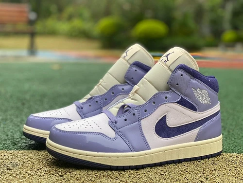 Air Jordan 1 Mid White Purple Patent Sneakers DZ3745-500