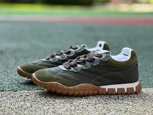 Miu Miu Tyre Suede Trainer Shoes Olive Green